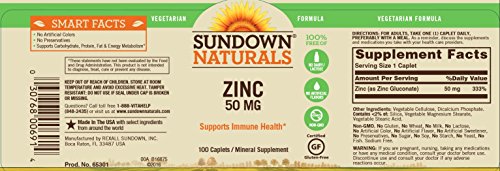 Sundown Zinc Gluconate 50 mg, 100 Caplets (pack of 3)