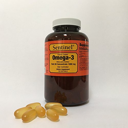 Sentinel Premium Enteric Coated Omega-3, Burpless, EPA DHA Fish Oil Concentrate 1000 mg Odor Controlled, Supports Healthy Heart, Made in USA, 150 Softgels