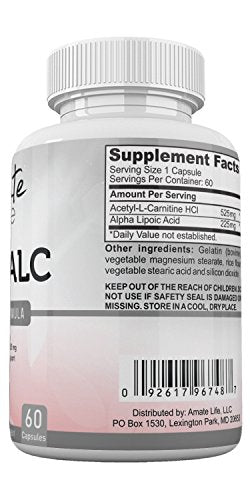 ALA / ALC High Potency Formula- Best Alpha Lipoic Acid and Acetyl-L-Carnitine HCl Dietary Supplement- Antioxidant Support- Energy Boost- for Men and Women by Amate Life 60 Capsules