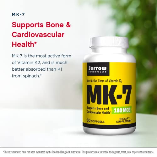 Jarrow Formulas MK-7 180 mcg - 30 Softgels - Superior Vitamin K Product for Building Strong Bones - Supports Heart & Cardiovascular Health - 30 Servings