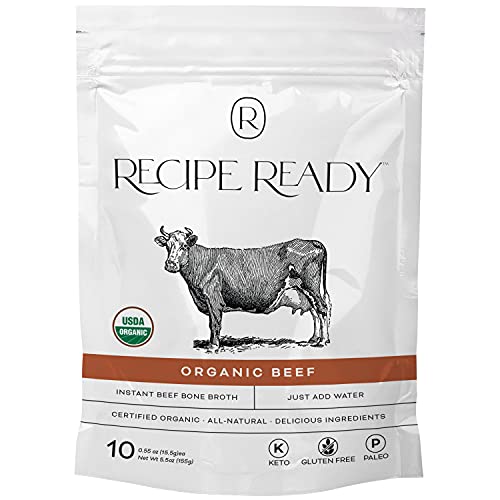 Recipe Ready Instant Organic Beef Bone Broth Packets, 10ct. Solar Energy Produced Single Serve Beef Broth & Bone Broth Soup - 100% Natural Organic Bone Broth Protein Powder, Bone Broth Collagen