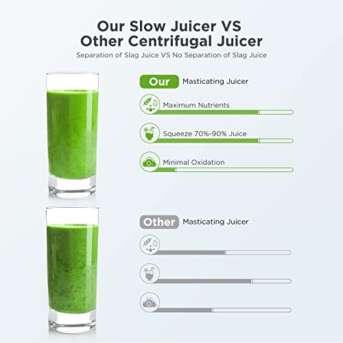 Slow Masticating Juicer Machine, Cold Press Juicer with Ceramic Auger, Easy to Clean, Juice Extractor with Reverse Function, Quiet Motor for 100% Original Vegetable and Fruit Juice, Ice Cream