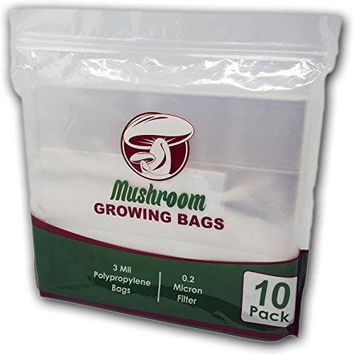 Reinforced Mushroom Grow Bags, 10 Count, Oyster Spawn and Grain Root Substrate Growing Kit with 0.2 Micron Filter, Large 8” x 5” x 20”, Thickest Available Heavy Duty 3 Mil Polypropylene Plastic