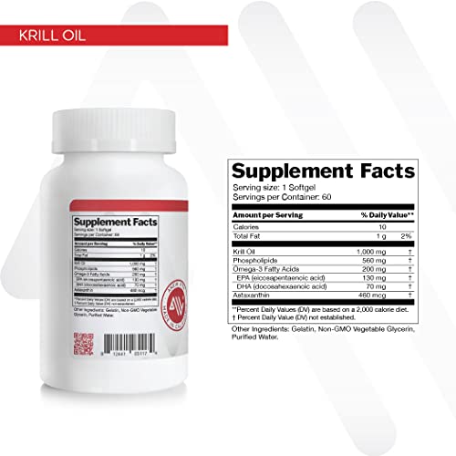 Anew Vita Krill Oil Supplement. EPA DHA Omega-3 Fatty Acids. Supports Cardiovascular Health, Healthy Joints, Bone Health. 1000mg. 60 Softgels