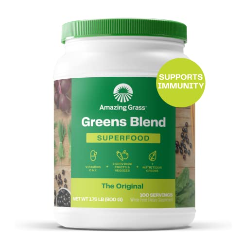 Amazing Grass Greens Blend Superfood: Super Greens Powder with Spirulina, Alfalfa, Beet Root Powder, Digestive Enzymes, Prebiotics & Probiotics, Original, 100 Servings (Packaging May Vary)