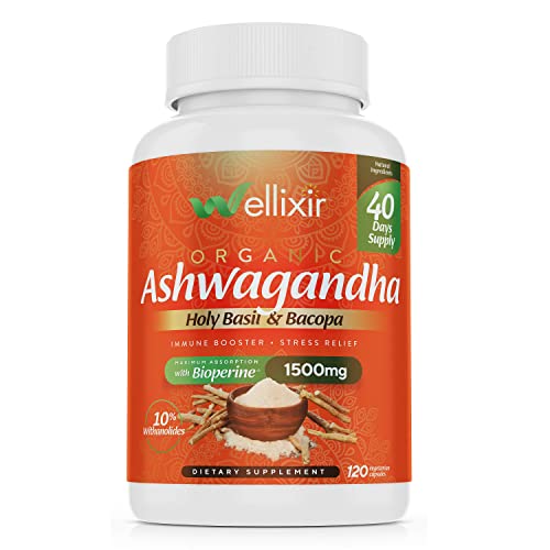 Wellixir Organic Ashwagandha Capsules - Root Powder Supplement, 10% Withanolides with Bacopa Extract & Holy Basil - Vegan & Gluten-Free Herbal Supplements for Stress, Mood Support - 1500mg, 120 Count