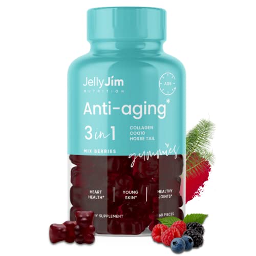 JELLY JIM NUTRITION Anti Aging 3-in-1 Gummy Supplements with Collagen, CoQ10, and Horsetail Extract, for Skin Rejuvenation and Increased Hair and Nail Growth, for Men and Women, 2 Month Supply