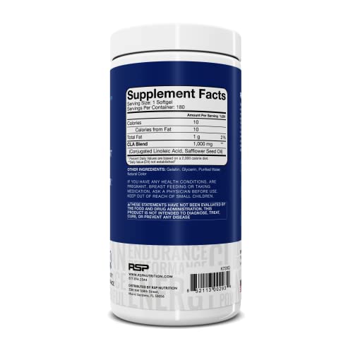 RSP Nutrition CLA 1000 Conjugated Linoleic Acid Max Strength Softgels, Natural Stimulant Free Weight Loss Supplement, Fat Burner for Men & Women, 180 Ct. (Packaging May Vary)