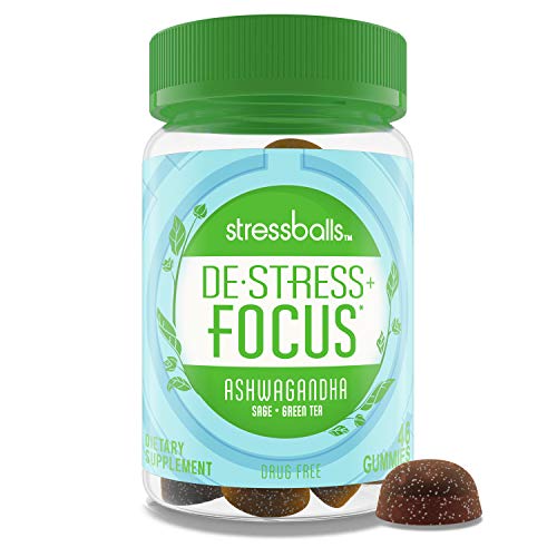 Stressballs, De-Stress + Focus, with Ashwagandha for Stress Relief, Sage & Green Tea Herbal Blend, Non-Drowsy Supplement, 46 Gummies
