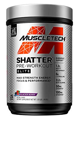 Pre Workout for Men & Women | MuscleTech Shatter Elite Pre-Workout | Preworkout Energy Powder | 8 Hour Nitric Oxide Booster + Beta Alanine | Focus + Strength | 350mg Caffeine | Glacier Berry, 25 Serv