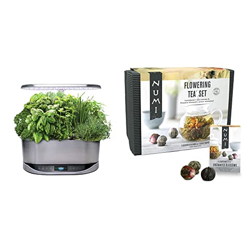 AeroGarden Bounty Elite - Indoor Garden, Stainless Steel & Numi Organic Tea Flowering Tea Gift Set, 6 Tea Blossoms with 16 Ounce Glass Teapot in Elegant Bamboo Case (Packaging May Vary)