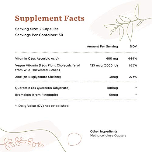 Quercetin, Zinc, Vitamin C, Vitamin D3 5000 IU & Bromelain - Antioxidant & Immune Support Supplement, 1 Month Supply (60 Capsules) - 5 in 1 Daily Immune Support for Adults - Vegan Formula