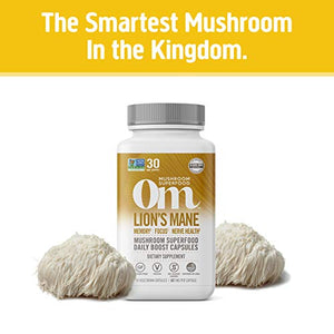 Om Mushroom Superfood Lion's Mane Mushroom Capsules Superfood Supplement, 90 Count, 30 Days, Fruit Body and Mycelium Nootropic for Memory Support, Focus, Clarity, Nerve Health, Creativity and Mood