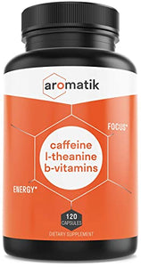 Aromatik Caffeine L-Theanine Focus Supplement | Caffeine (100 mg) + L-Theanine (200 mg) + B Vitamins | Energy Focus Cognition | USA Made at FDA Registered Facility | Vegan Capsules | 120 Servings