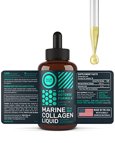 Marine Liquid Collagen Peptides Supplement - 1,000mg Hydrolyzed Marine Collagen Plus 10mg Hyaluronic Acid - Wild Fuel Hair, Skin, Nail, Joint Support - Natural Lemon Lime Flavor - 1-Month, 2 oz