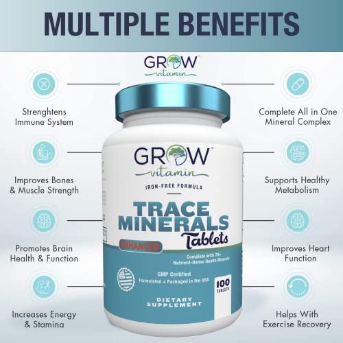 Trace Minerals Enhanced Complex - Complete with 70+ Nutrient-Dense Health Mineral - 100% Natural Ingredients - Iron Free | All in One |1000mg Calcium 500mg Magnesium - 100 Tablets