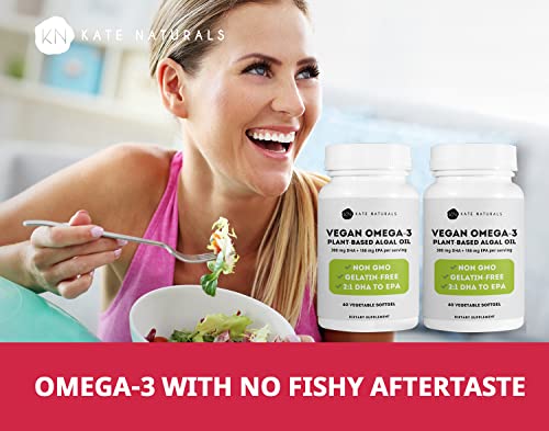 Vegan Omega-3 Softgels by Kate Naturals (2-Pack). Algal Oil Softgels to Support Brain Function & Cognition. Omega 3 Fish Oil Alternative. 300 DHA & 150 EPA. (2-Pack)