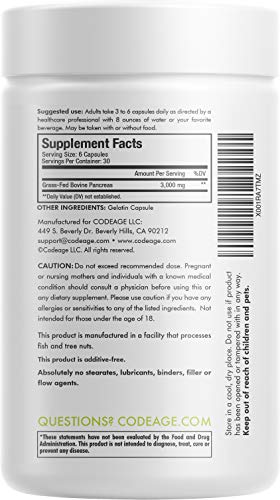 Codeage Grass Fed Beef Pancreas Supplement Glandulars - Freeze Dried, Non-Defatted Desiccated Beef Pancreas Pills – Pancreatic Enzymes Diet Meat - Pasture Raised Argentina Beef Vitamins - 180 Capsules