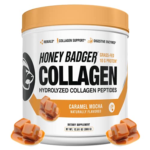 Honey Badger Collagen Peptides Powder | Keto Caramel Mocha Grass Fed Hydrolyzed Collagen Protein Coffee Creamer | Gluten Free, Natural, Non-GMO, Paleo | Skin, Hair, Nail, and Joint Health, 30 Servings