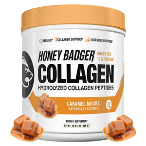 Honey Badger Collagen Peptides Powder | Keto Caramel Mocha Grass Fed Hydrolyzed Collagen Protein Coffee Creamer | Gluten Free, Natural, Non-GMO, Paleo | Skin, Hair, Nail, and Joint Health, 30 Servings