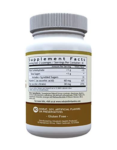 Windmill Health Natural Vitamins Zinc Lozenges with Vitamin C Honey Lemon Flavor, Immune System Support, Provides Antioxidant Support, Delicious & Fast Acting, 60 Lozenges, 30 Servings.