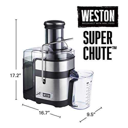 Weston Powerful Juicer Machine with XL 3.5" Feed Chute, BPA Free, 1100W, Easy Sweep Cleaning Tool (67902), Silver