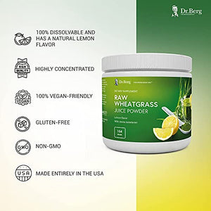 Dr. Berg's Raw Wheatgrass Juice Powder, Lemon Flavor w/ Stevia Sweetener - Green Superfoods Rich in Vitamins Chlorophyll & Trace Minerals - BioActive Dehydration & Ultra-Concentrated Nutrients 1 Pack