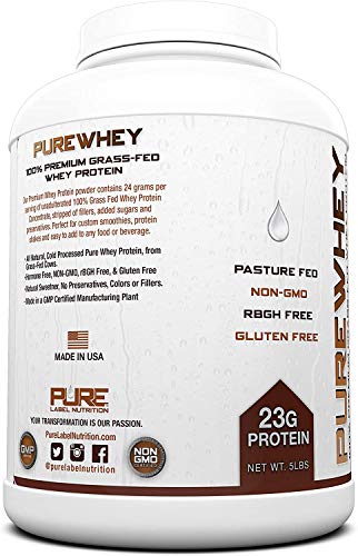 Pure Label Nutrition 100% USA Grass-Fed Whey Protein Concentrate, 5lb Chocolate, Non-GMO, rBGH Free, Soy Free, Gluten Free, Low Carbs and Low Fat, No Sugar Added, Keto Friendly