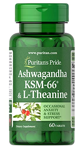 Ashwangandha KSM66 & L-Theanine, Helps Relieve occassional Stress and Anxiety, 60 Count by Puritan's Pride, White