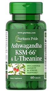 Ashwangandha KSM66 & L-Theanine, Helps Relieve occassional Stress and Anxiety, 60 Count by Puritan's Pride, White