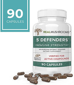 Real Mushrooms 5 Defenders Mushroom Supplements for Immune Support (90ct) Promote Better Overall Wellbeing w/ Chaga, Shiitake, Maitake, Turkey Tail, & Reishi Mushroom | Vegan, Non-GMO