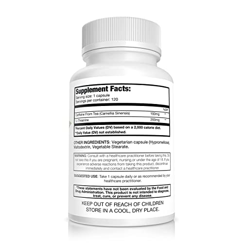 Pure Nootropics - Caffeine + L-theanine 300 mg Capsules | 120 Veg Cap Value Pack | Focused Energy Fortified with Amino Acids | All Natural Mood Support | Morning Super Stack Brain Blend