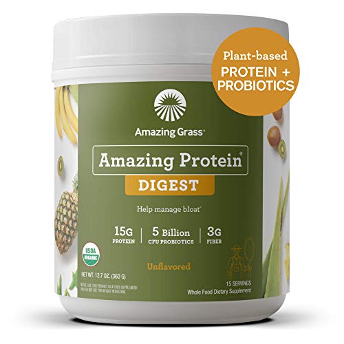 Amazing Grass DIGEST Vegan Protein Powder, Plant Based with Probiotics + Fiber to Manage Bloat, Unflavored, 15 Servings, 12.7 Ounce (Pack of 1)