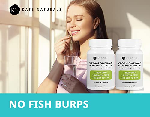 Vegan Omega-3 Softgels by Kate Naturals (2-Pack). Algal Oil Softgels to Support Brain Function & Cognition. Omega 3 Fish Oil Alternative. 300 DHA & 150 EPA. (2-Pack)