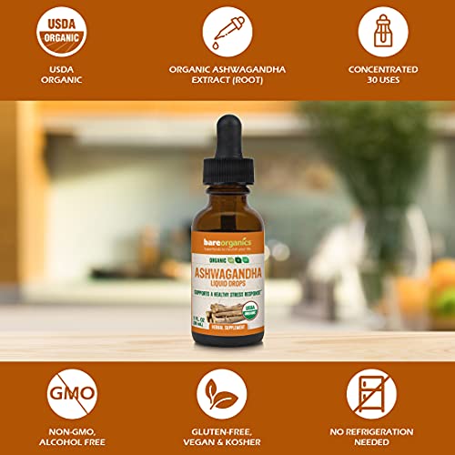 BareOrganics Ashwagandha Root Liquid Drops, Herbal Supplement, Organic Stress Relief Drops