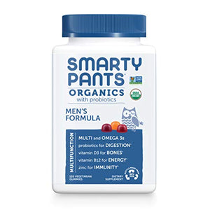 SmartyPants Organic Mens Multivitamins, Daily Gummy Vitamins: Probiotics, Vitamins C, D3, B12, Zinc & Omega 3 for Immune Support, Digestive Health, Energy, & Bone Health, 120 Gummies, 30 Day Supply