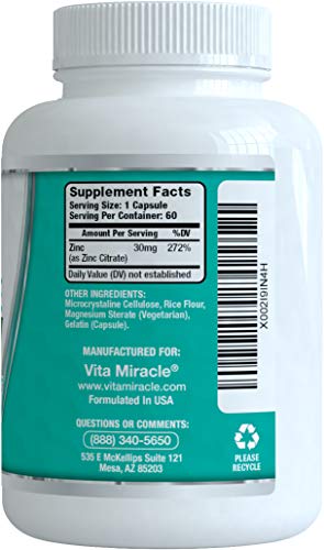 Vita Miracle Zinc Citrate 30mg - Boost Immune System Adults Kids Safe Immune Supplement Support Vitamin Alternative to Lozenge Liquid and Chewable Tablets