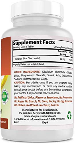 Best Naturals Zinc Supplement as Zinc Gluconate 50mg 240 Tablets - Immune Support