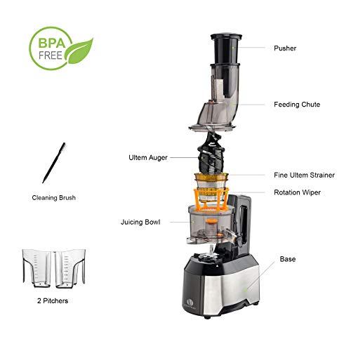 Ventray Masticating Juicer Machine, Electric Slow Cold Press Juice Extractor Maker for Citrus Orange Fruit Vegetable with Quiet Motor & Large Feed Chute, Vertical Compact Design and Easy Clean - 808