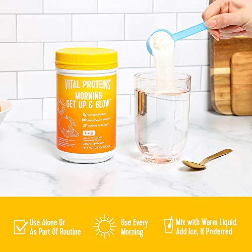Vital Proteins Morning Get Up and Glow Collagen Peptides Powder Supplement, 90mg of Caffeine for Energy Plus Vitamin C, Biotin and Hyaluronic Acid - 9.3oz, Orange
