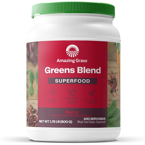 Amazing Grass Greens Blend Superfood: Super Greens Powder with Spirulina, Chlorella, Beet Root Powder, Digestive Enzymes, Prebiotics & Probiotics, Berry, 100 Servings (Packaging May Vary)