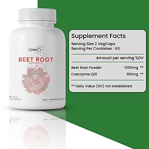 Beet Root Capsules 1350 mg Organic Beet Root Powder with CoQ10 Nitric Oxide Booster, High Blood Pressure Supplement, Helps Blood Flow, Heart Health, Performance, Stamina and Energy 60 Ct (Pack of 1)