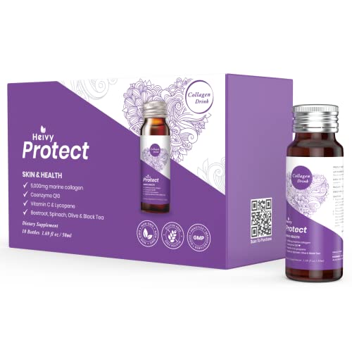 Heivy Liquid Collagen Supplement, Collagen Drink, Collagen Peptides, Skin & Health Collagen, Hydrolyzed Collagen, with CoQ10, 1.69 fl.oz./Bottle. (1 Box,10 Bottlels)