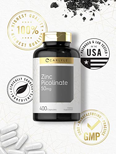 Zinc Picolinate 50mg | 400 Capsules | Value Size | Non-GMO and Gluten Free Supplement | by Carlyle