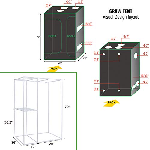 BloomGrow 48''x36''x72'' 2-in-1 Mylar Grow Tent + 6'' Fan Filter Ventilation Kit + 1200W LED Full Spectrum Grow Light + 2PCS 24W 2ft 2-lamp 6500K T5 Lights Indoor Plant Grow Tent Complete Kit