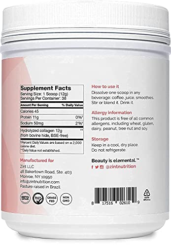 Zint Collagen Peptides Powder (16 Ounce): Anti Aging Hydrolyzed Collagen Protein Powder Beauty Supplement - Skin, Hair, Nails