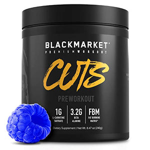 BLACKMARKET CUTS Thermogenic Pre Workout - Preworkout Energy Drink for Men and Women 30 Servings of Blue Razz Flavor - Creatine Free Pre-Workout Drink Powder