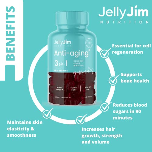 JELLY JIM NUTRITION Anti Aging 3-in-1 Gummy Supplements with Collagen, CoQ10, and Horsetail Extract, for Skin Rejuvenation and Increased Hair and Nail Growth, for Men and Women, 2 Month Supply