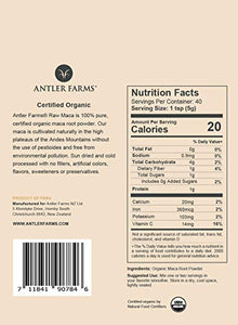 Antler Farms - 100% Pure Organic Raw Maca Powder, 40 Servings, 200g - Vegan, Gluten Free, Sun Dried, Cold Processed, Grown Outdoors in Central Andes of Peru, Certified USDA Organic