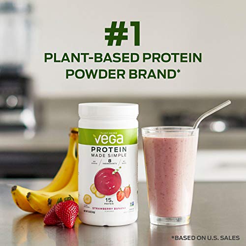 Vega Protein Made Simple, Strawberry Banana, Stevia Free Vegan Plant Based Protein Powder, Healthy, Gluten Free, Pea Protein for Women and Men, 9.3 Ounces (10 Servings)